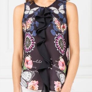 Desigual Top Womens Medium Flower Butterfly Print Floral Artsy Blouse Black‎